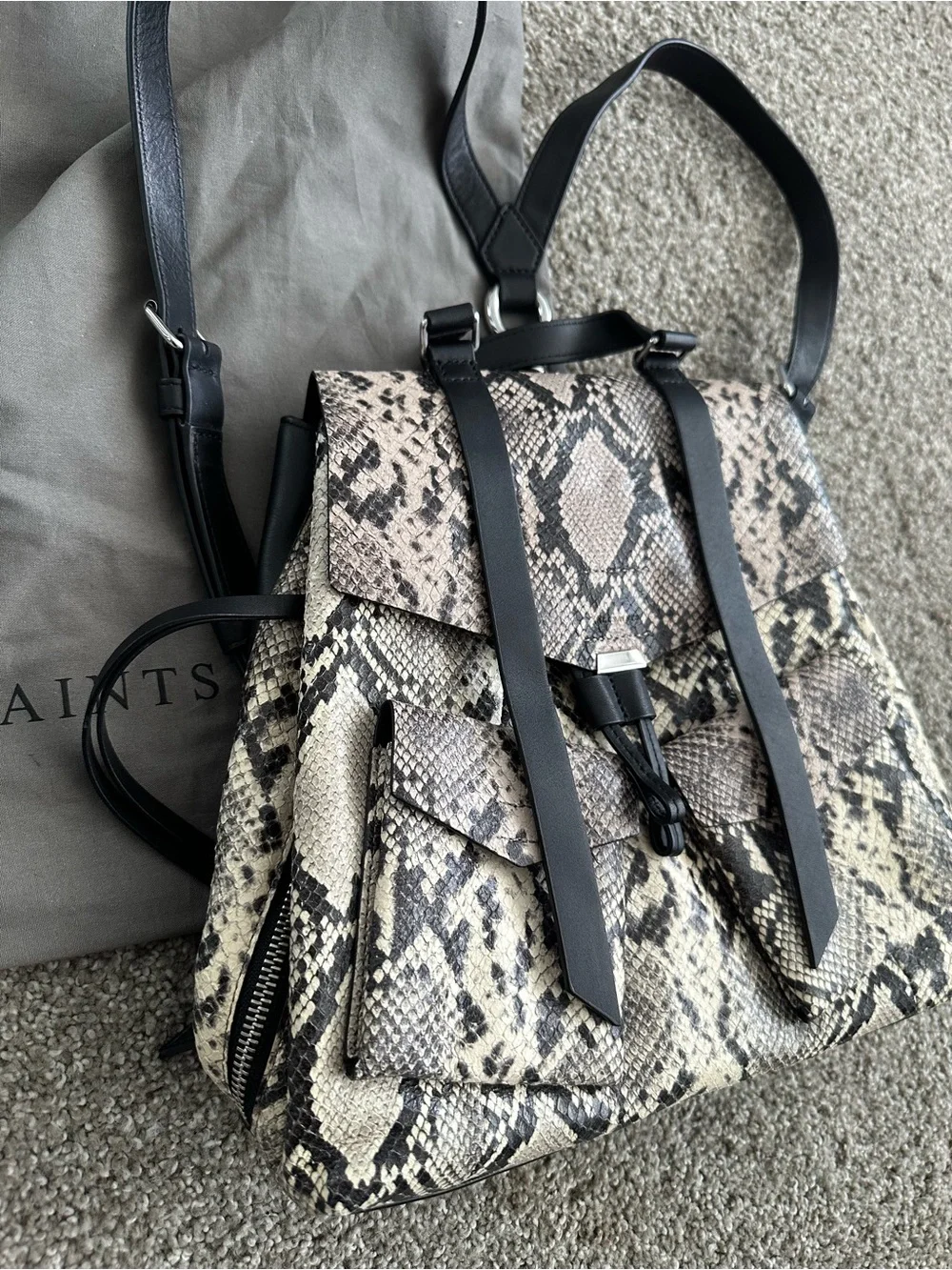 AllSaints Snake-Print Backpack in Cream and Black